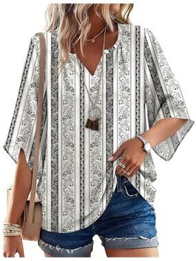 Womens Boho Paisley Peasant Blouse Bell Sleeve Flowy Tunic Summer Beach Top